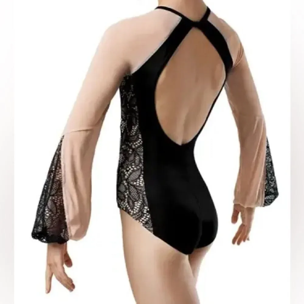 Weissman solo Dance costume Lace Poet Leotard nude illusion MT10318 black tan LC
